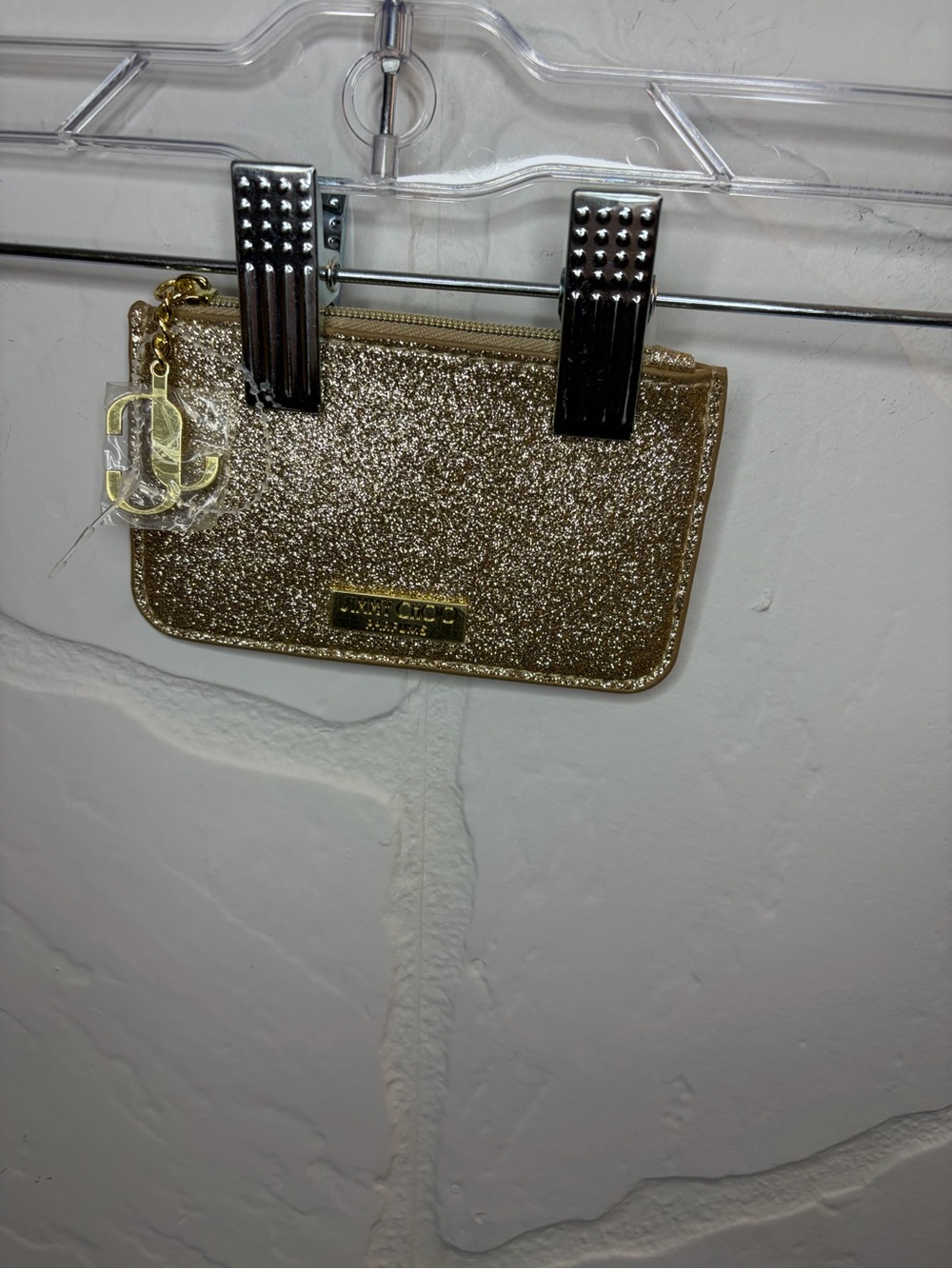 Jimmy Choo Parfums Gold Glitter Key Pouch Zipper Card Case Wallet JC Charm